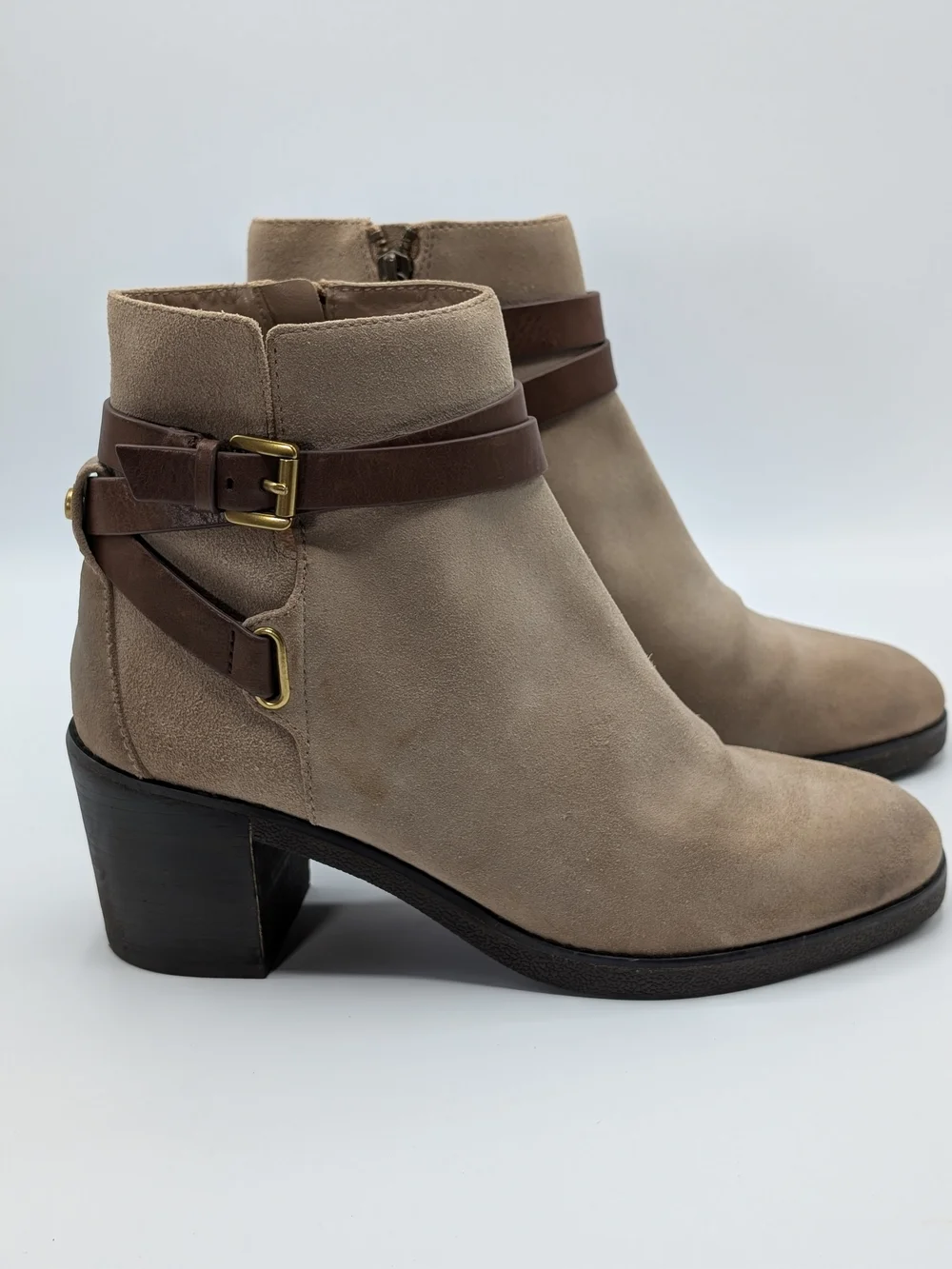 Michael Kors Women 8 Taupe Suede Ankle Boots Brown Leather Straps Block Heel